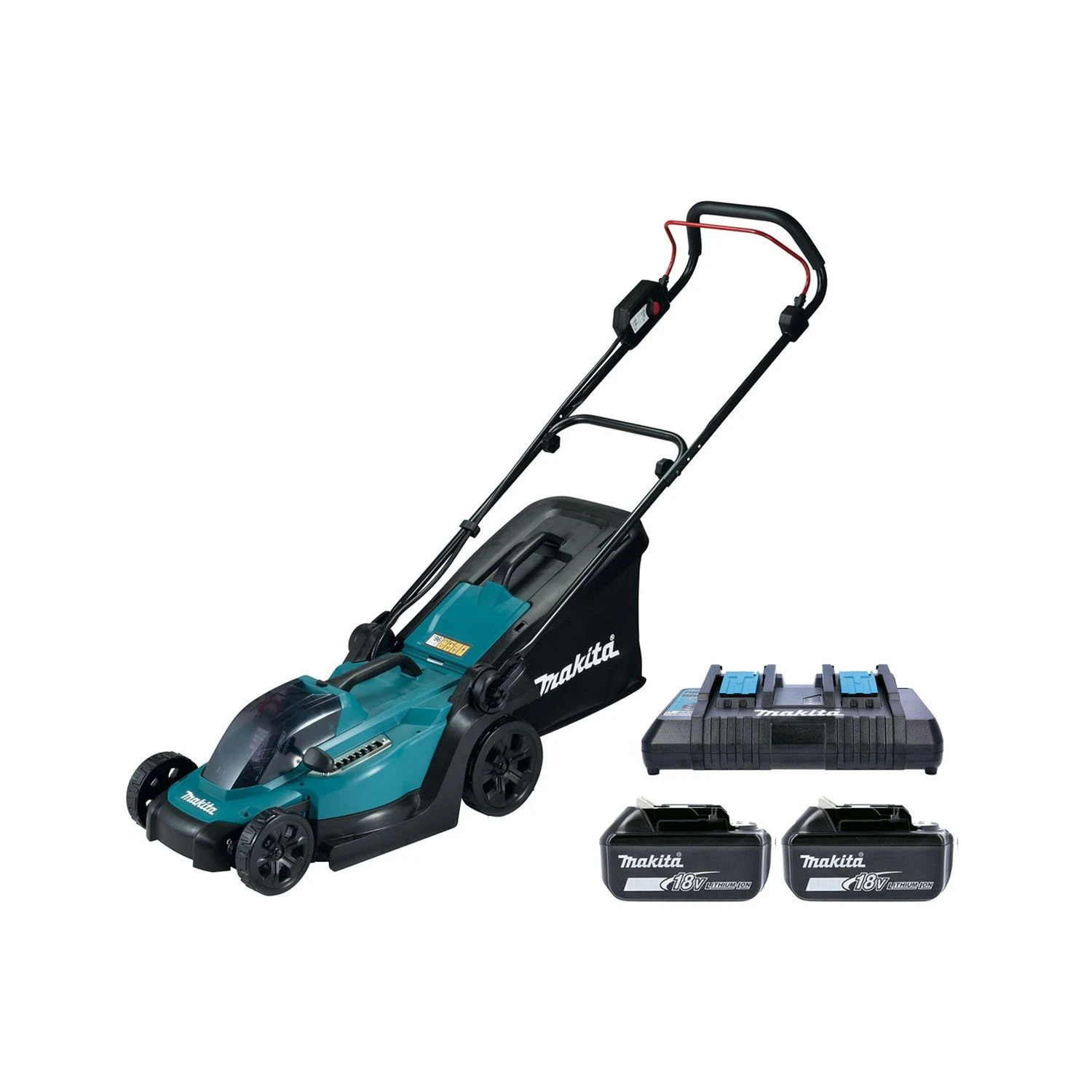 Makita DLM330 18V LXT Cordless 330mm Lawn Mower With 2 X 5.0Ah Batteries & DC18RD Twin Port Charger