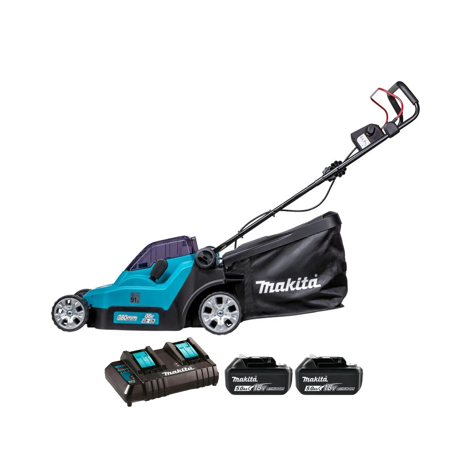 Makita DLM382CT2 18V / 36V LXT Cordless 380mm Lawnmower With 2 X 5.0Ah Batteries & Charger