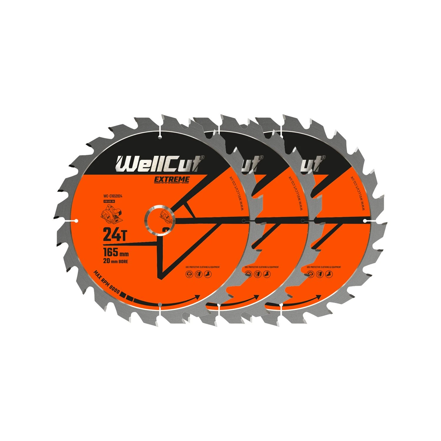 WellCut® TCT Extreme Circular Saw Blade 165mm X 20mm X 24T, Suitable For DSS610, DCS391, M18CS55, GKS18 - Pack Of 3