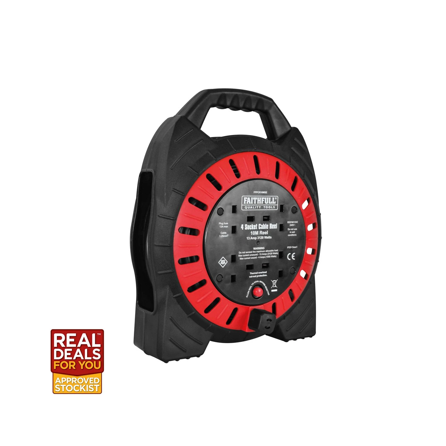 Faithfull XMS2210CABLE 10m 13A 4 Sockets Semi Enclosed Cable Reel 240V